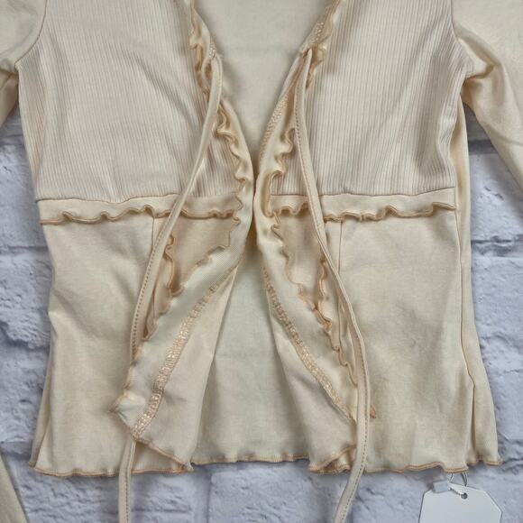 J1567 Ruffle Front Tie Cream Cardigan Size Small - Picture 2 of 7